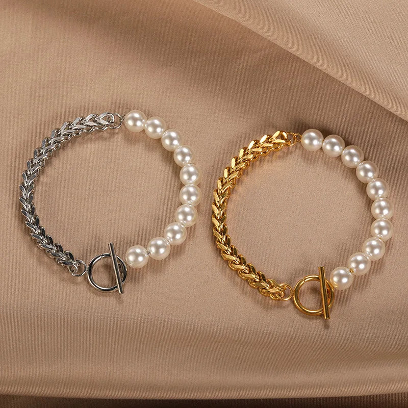 Minimalist OT Buckle Bracelet Montage Irregular Bangle Bracelet Cuban Chain Pearl Bracelet Women