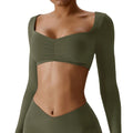 Custom Logo Brushed Fabric High Stretchy Pleated Low V Neck Plain Women Workout Yoga Crop Top Long Sleeves Gym Sports Bra