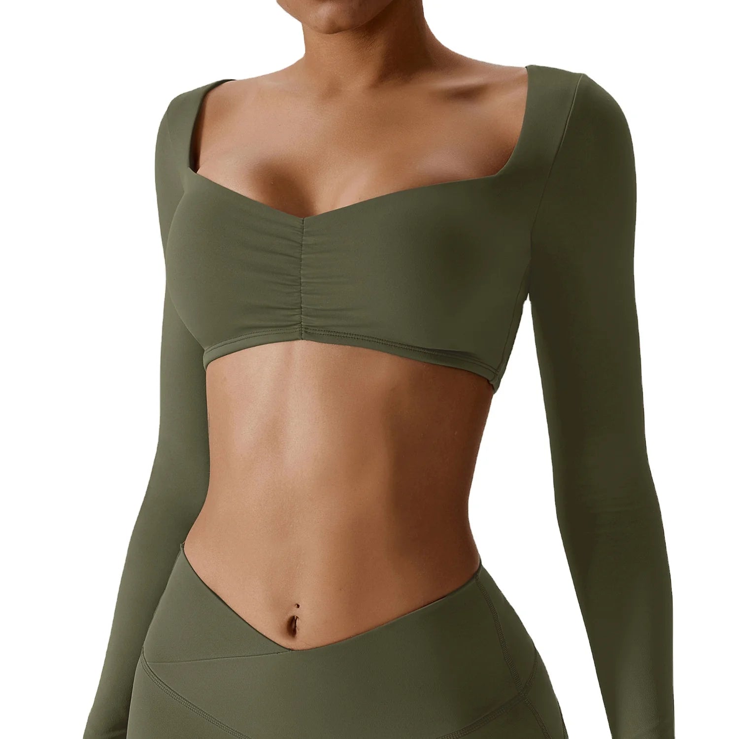 Custom Logo Brushed Fabric High Stretchy Pleated Low V Neck Plain Women Workout Yoga Crop Top Long Sleeves Gym Sports Bra