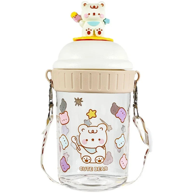 Madou Portable Cute Little Bear Kettle for Kids Leakproof Plastic Water Bottle with Strap for Camping for Milk Juice Drinking