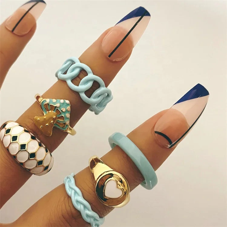 VKME Blue Mushroom Heart Rings Set Metal Paint Coating Creative INS Style Love Heart Ring Set for Women