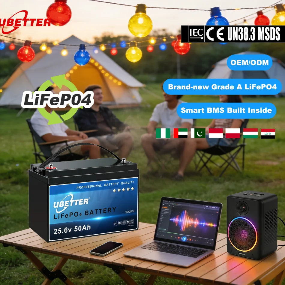 UBETTER QGL-12150 Stock Lifepo4 Battery 25.6V 50/100AH Rechargeable Bluetooth Golf Cart UPS Backup Lithium Ion Battery Pack