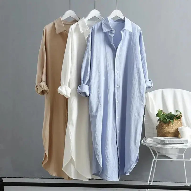 S-2XL  Cotton Linen Solid Color Lapel/POLO Collar Shirt Sleeve Elastic Waist Swing Dress With Pocket Dress Shirts