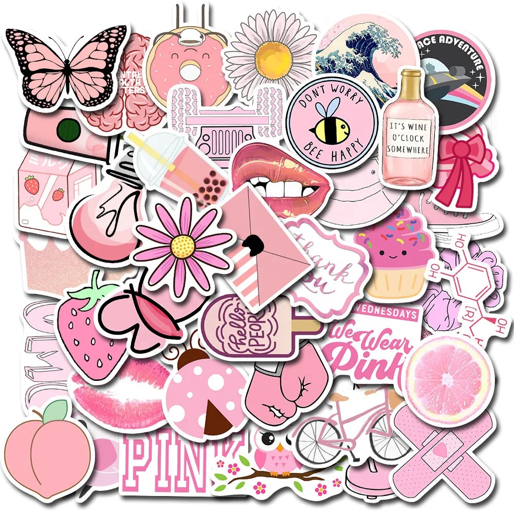 50Pcs Pink Vsco Fresh Cute Sticker for Water Bottle Table Skateboard Luggage Laptop Graffiti Girl Custom Stickers