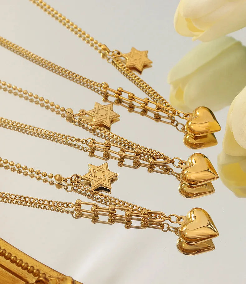 New Trendy Gold Plated Stainless Steel Simple Style Fresh Chains Heart Star Pendant Choker Necklace for Women P631
