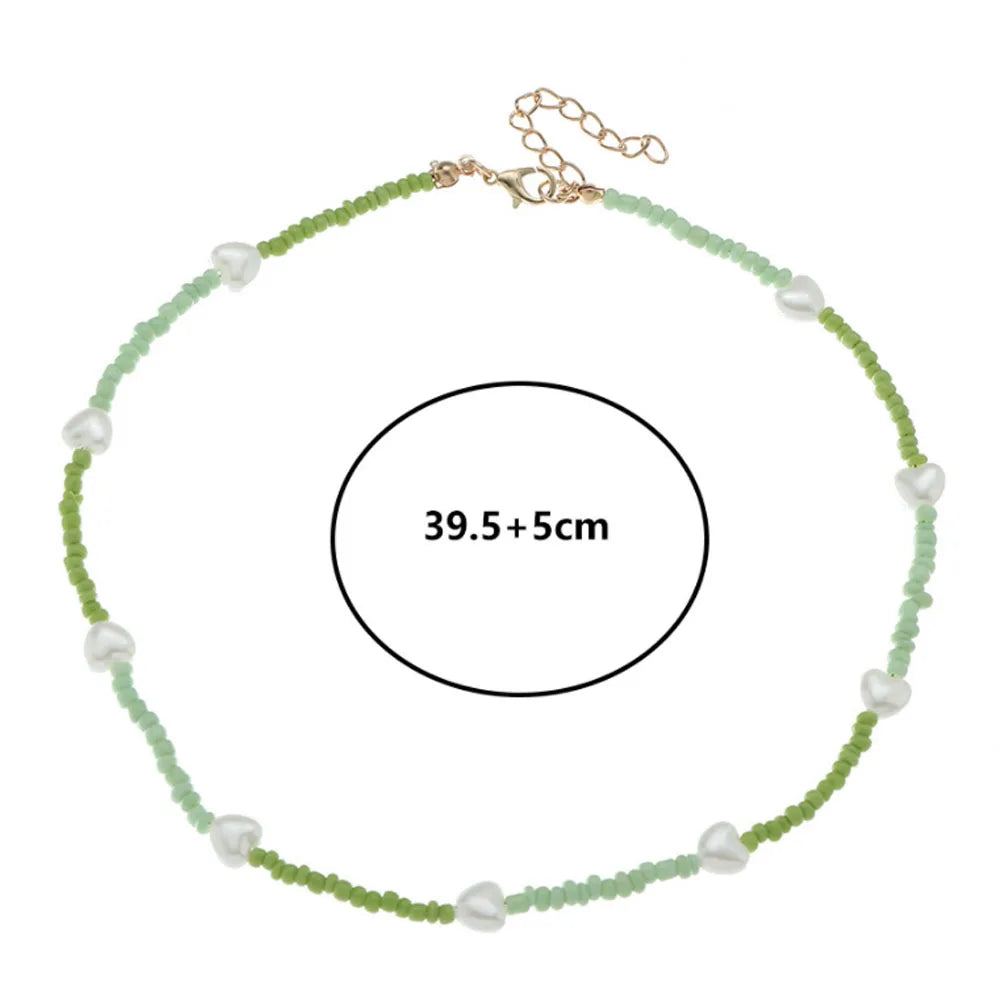 Handmade Green Glass Seed Rice Beads Necklace Cheap Choker Bead Abs Heart Pear Charm Necklaces Jewelry Women