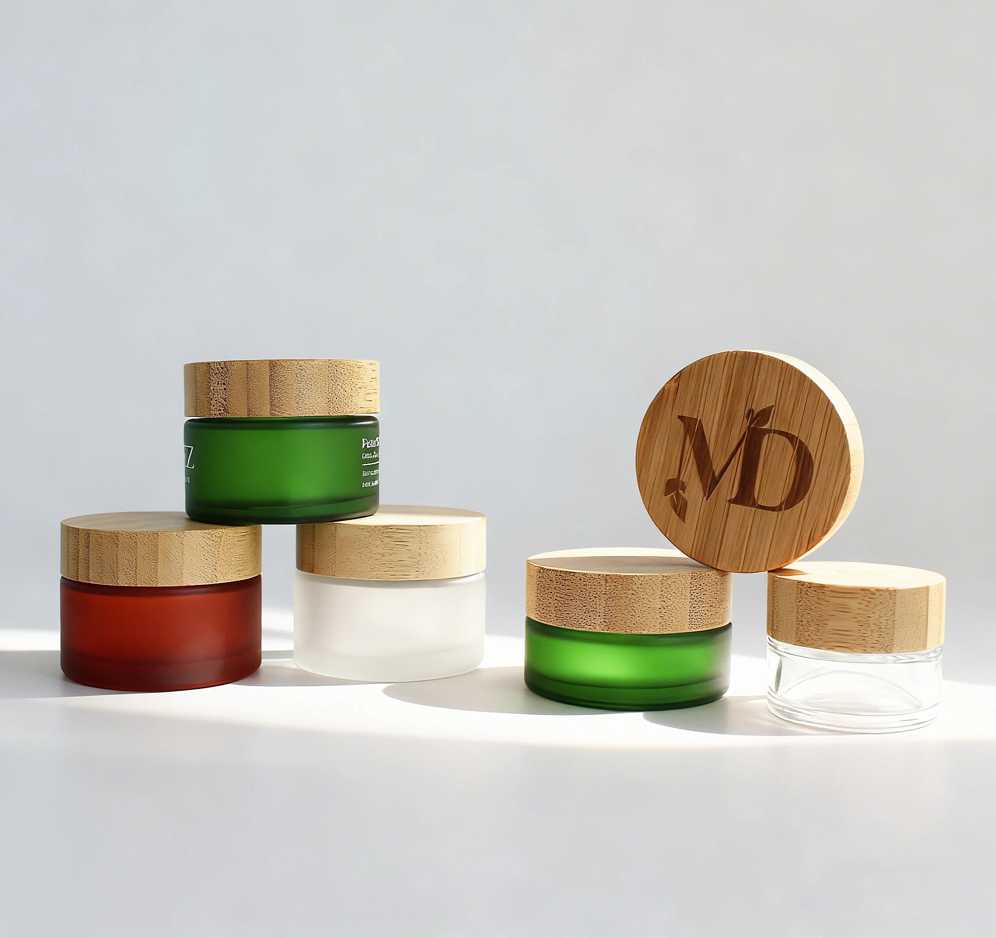 Skincare Frosted Amber Green Empty 50ml 50g 30ml 15ml  Bamboo Lid Cream Cosmetic Glass Jar for Skin Care Balm