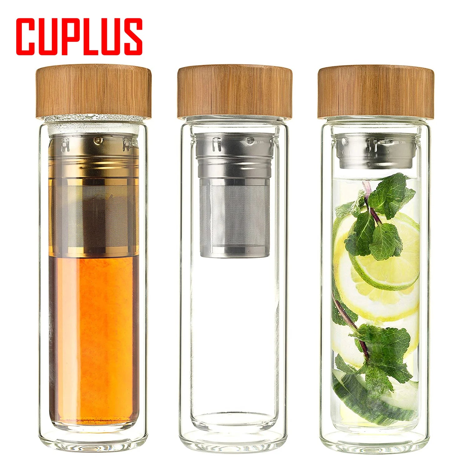 Wholesale Custom Logo Double Wall High Borosilicate Glass Water Bottle with Tea Infuser Bamboo Lid Sleeve for Christmas Gift