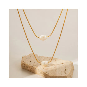ERESI Design Thin Chain Elegant 18k Gold Plated Double Layered Freshwater Pearl Stainless Steel Pendant Necklace for Women