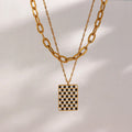 Stacked Necklace Set Enamel Square Checkered Pendant Necklace Tarnish Free Gold Plated Link Chain Necklace