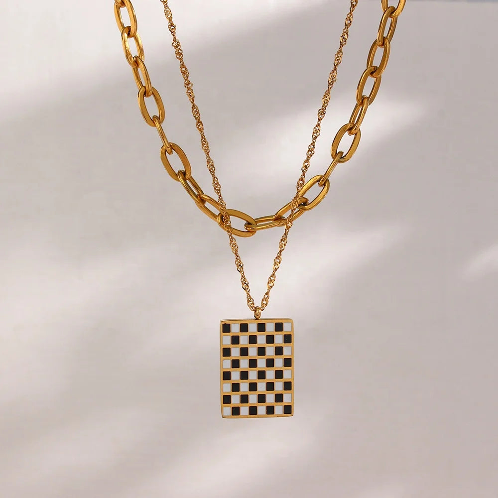 Stacked Necklace Set Enamel Square Checkered Pendant Necklace Tarnish Free Gold Plated Link Chain Necklace