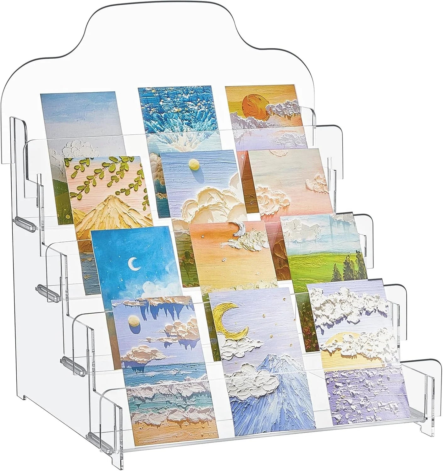Detachable acrylic display stand. Easy to assemble. Suitable for indoor use. Used for displaying greeting cards postcards