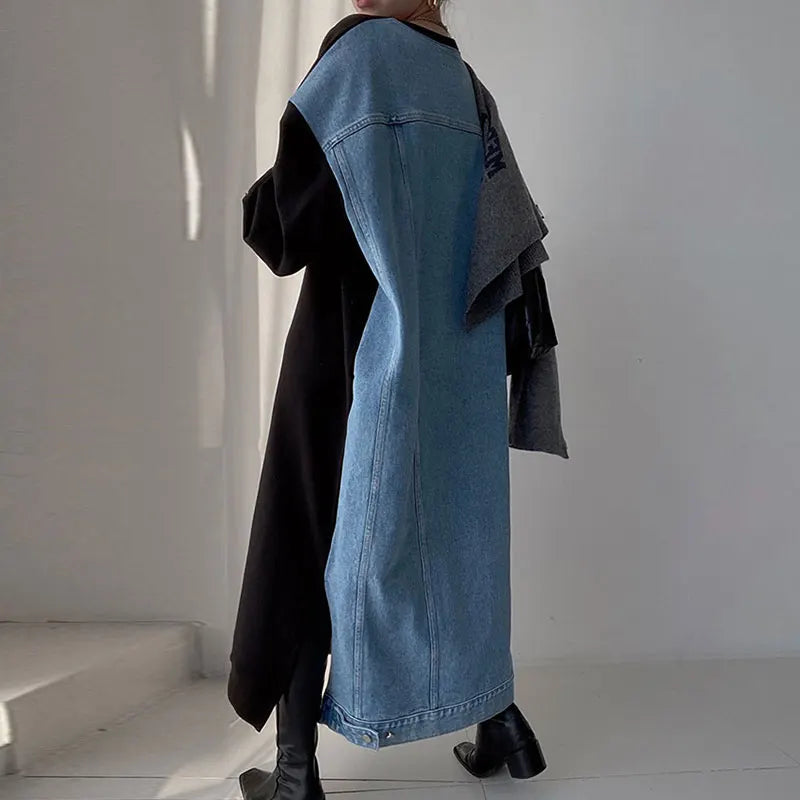 Wholesale 2026 Autumn Simple Round Neck Letter Printing Spliced Denim Design Long Sleeve Sweater Women's Dress