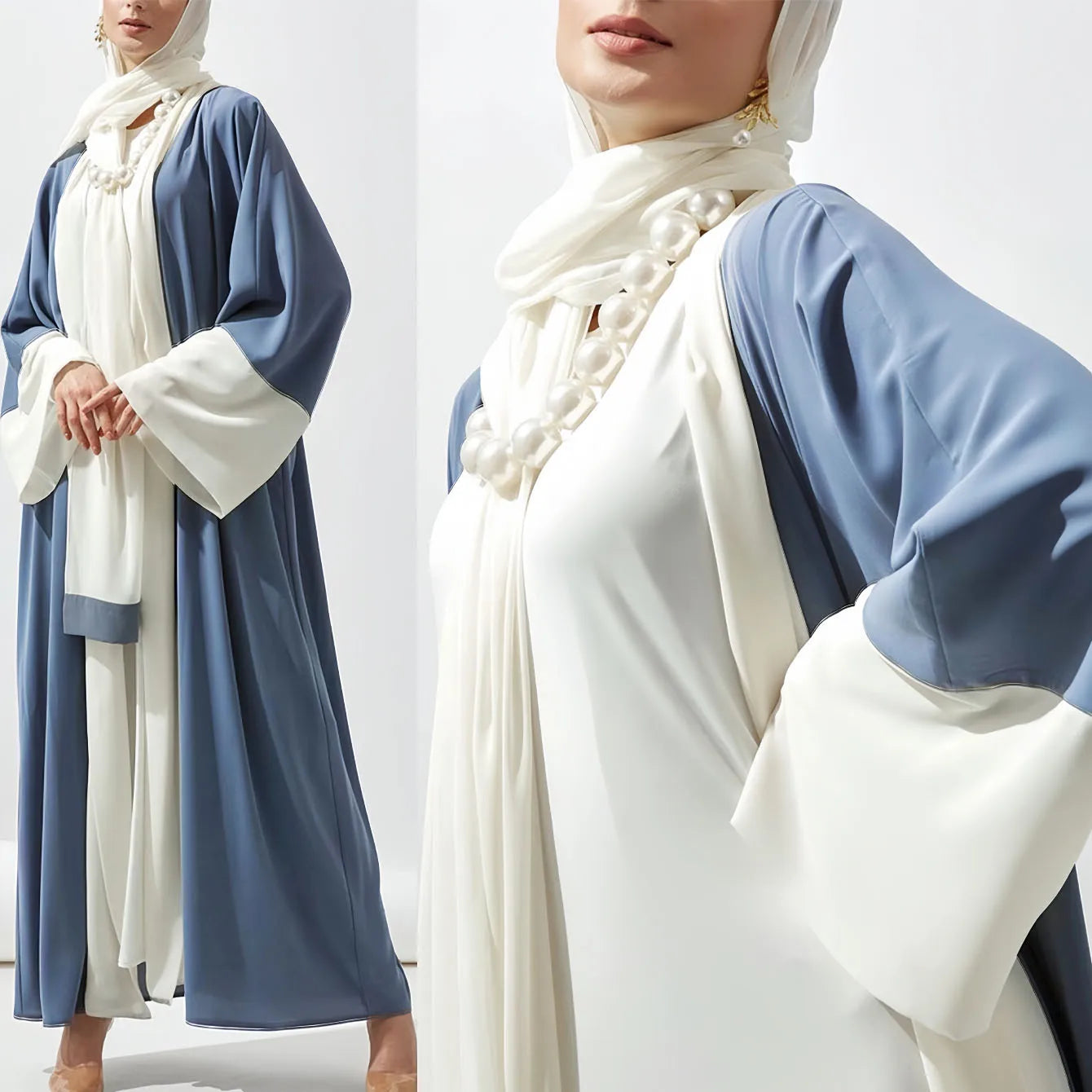 Kimono Dubai Abaya Two-Tone Islamic Clothing Cardigan Robe Open Abaya Women Muslim Dress