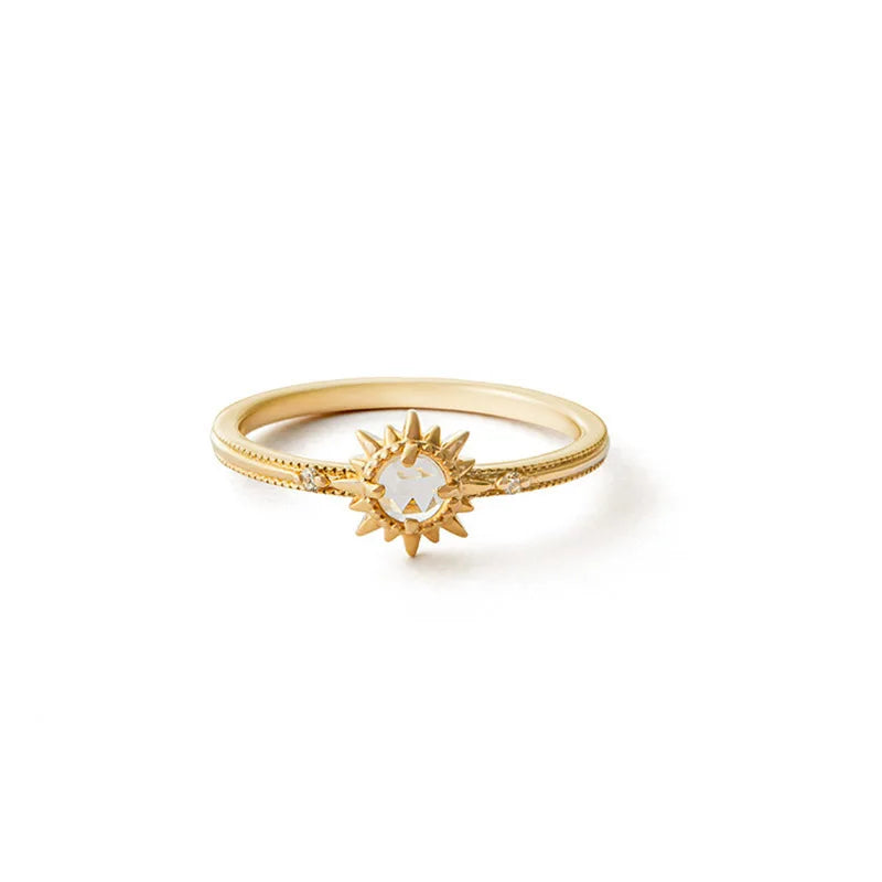 925 Silver Ring for Women Twinkling Sun Natural Clear Crystal 14K Light Gold Plated Fine Jewelry Vintage Ring LAMOON