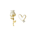 French 925 Sterling Silver Asymmetric love Heart Rose Flower Shell Zircon Gold Plated Stud Earrings for Women