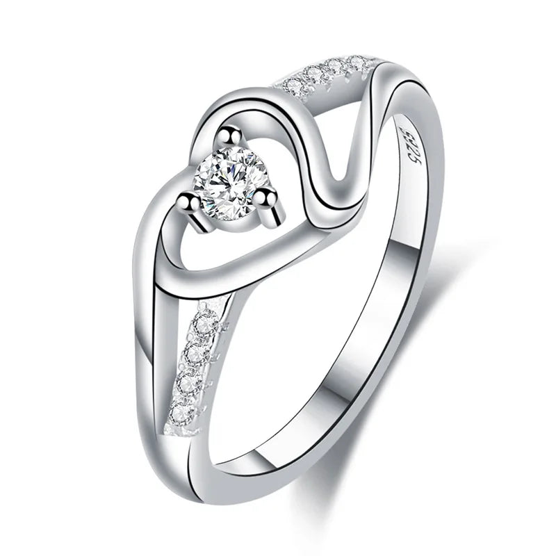 S925 Sterling Silver Romantic Trendy Infinity Wave Heart Shape CZ Rhodium Plated Promise Engagement Ring for Women