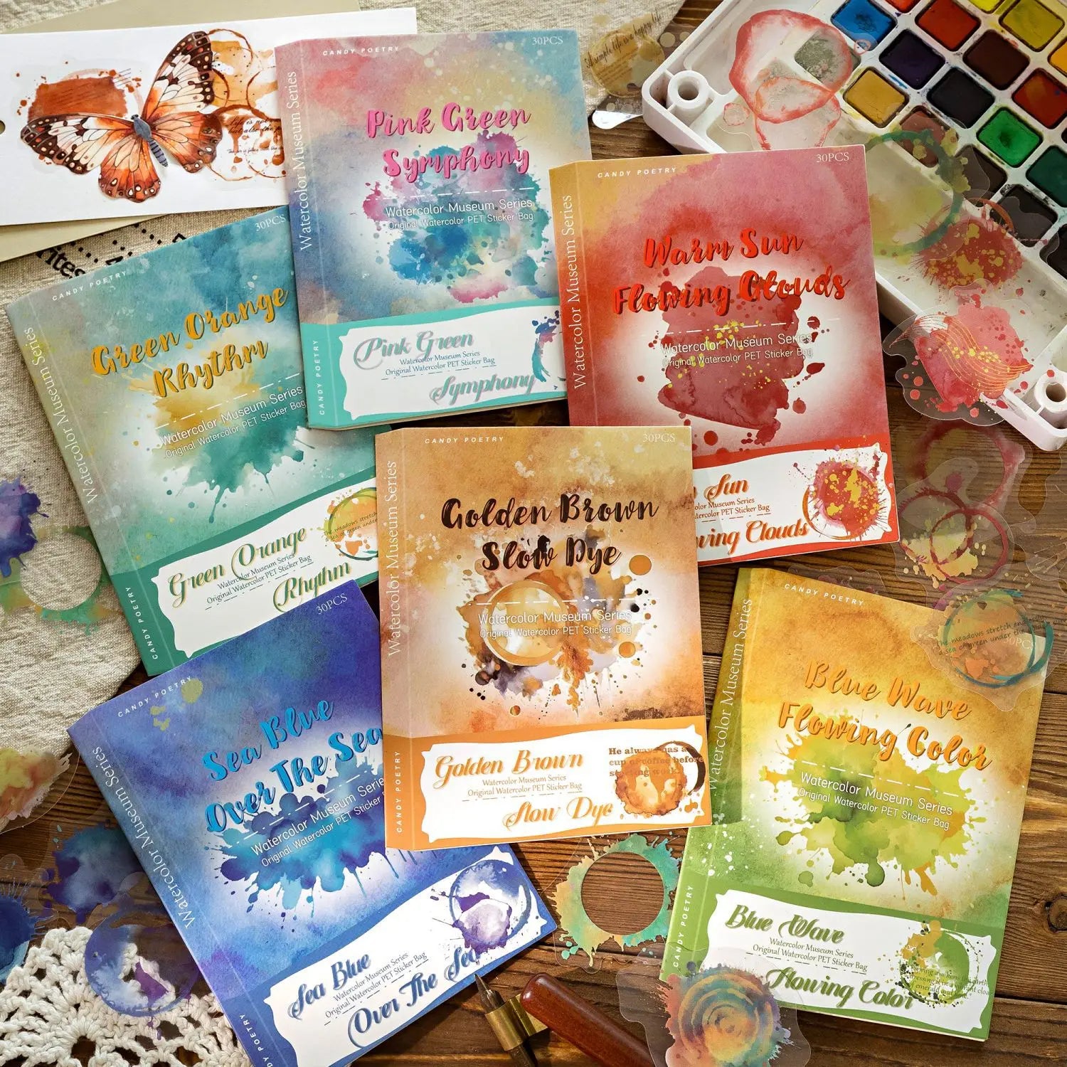 30pcs/pack Sticker Pack Watercolor Museum Series Color Swoosh Handbook Material Stickers