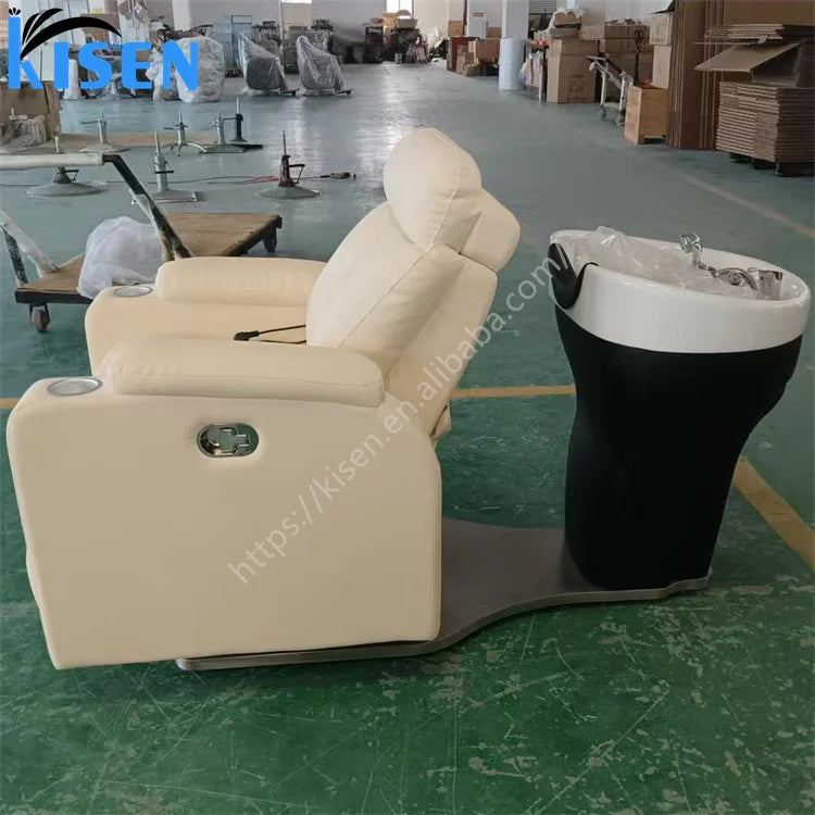 Kisen Beige Luxury Modern Beauty Salon Electric Massage Chair Shampoo Bed Hairdressing Relaxing Adjustable Hair Washing Chair