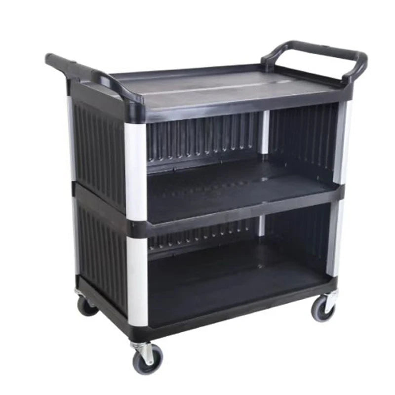 Hotel Kitchen Equipment Service Black Trolley With Door Plastic Dining Utility Cart 3 Layers Dish Collect Cart With Panel