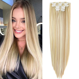 Highlights Blonde Women 22 Inches Straight Full Head 6 Pcs Hair Pieces Heat Resistance Synthetic Hair Clip in Hair Extensions