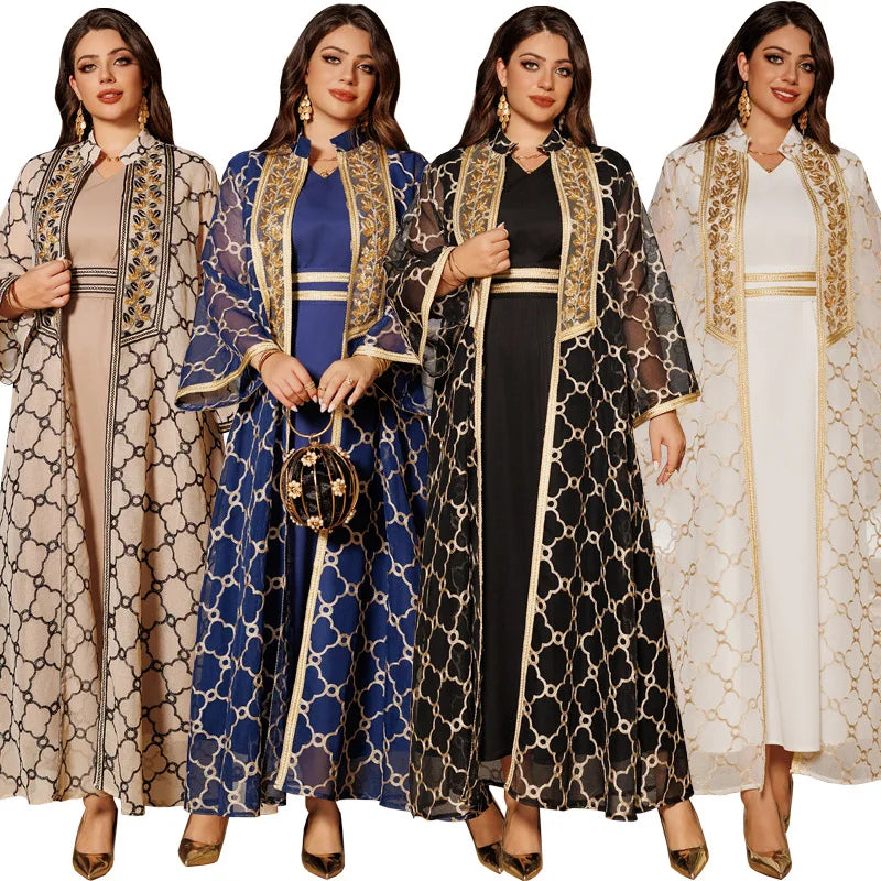 AB416 Middle Eastern Dubai Muslim 2 Piece Set Abaya Women Muslim Dress Embroidered Cardigan + Inner Dress Set Islamic Clothing