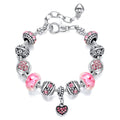 New Arrive Pink Glass Beads Beaded With Crystal Heart Pendant Silver Plated Charm Bracelet Women