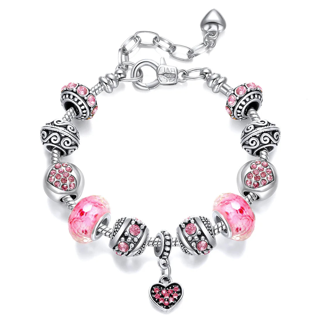 New Arrive Pink Glass Beads Beaded With Crystal Heart Pendant Silver Plated Charm Bracelet Women