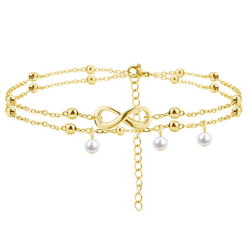 Layered Infinity Charm Trendy Women Girls Party Gold Plated Stainless Steel Tiny Pearl Ankle Bracelet Jewelry Wholesale