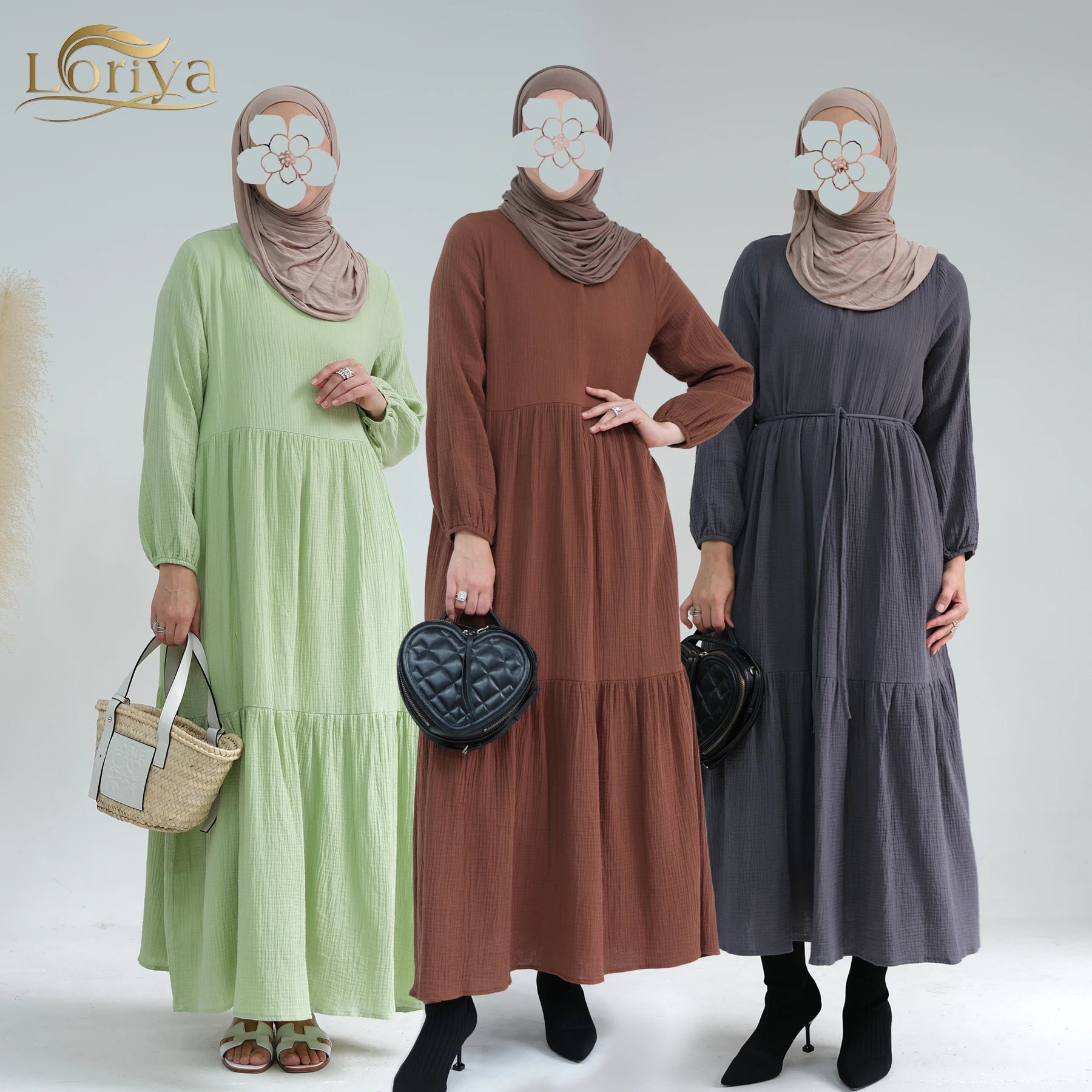 Loriya New Abaya Women Muslim Dress Turkey Style Natural Cotton Modest Dresses Long Sleeve Women's Casual Dresses