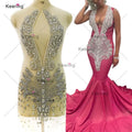WDP-431  Silver Crystal Hot Sale Club Party Dress Black Lace Rhinestone Feather Bodice Applique Deep V