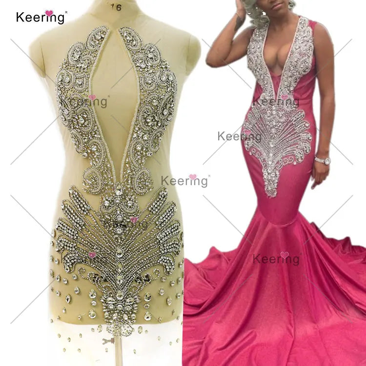 WDP-431  Silver Crystal Hot Sale Club Party Dress Black Lace Rhinestone Feather Bodice Applique Deep V