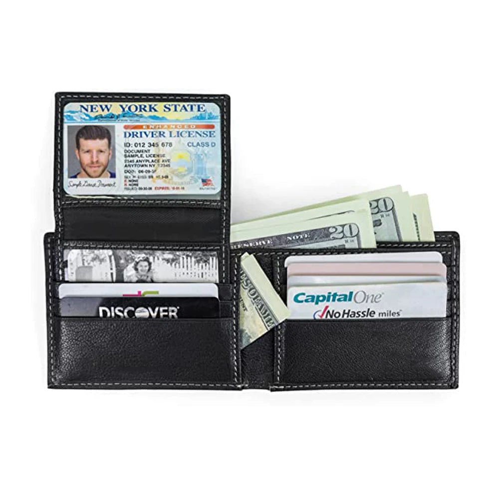 Luxury Custom Logo RFID Polyester Lining Handmade Genuine Leather Bifold ID Credit Card Holder Men Business Travel Short Wallet