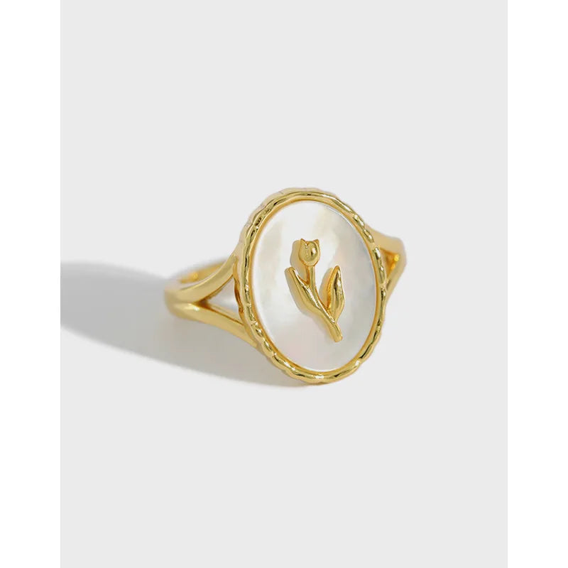 Shell Jewelry Oval Vintage Ring Flower Gold Plated 925 Sterling Silver Adjustable Rings Women