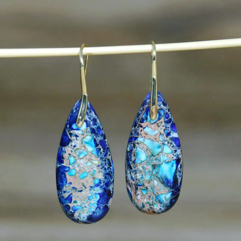 New Bohemia Emperor Stone Water Drop Earrings Natural Raw Gemstone Meditation Balance Healing Crystal Dangle Earrings for Women