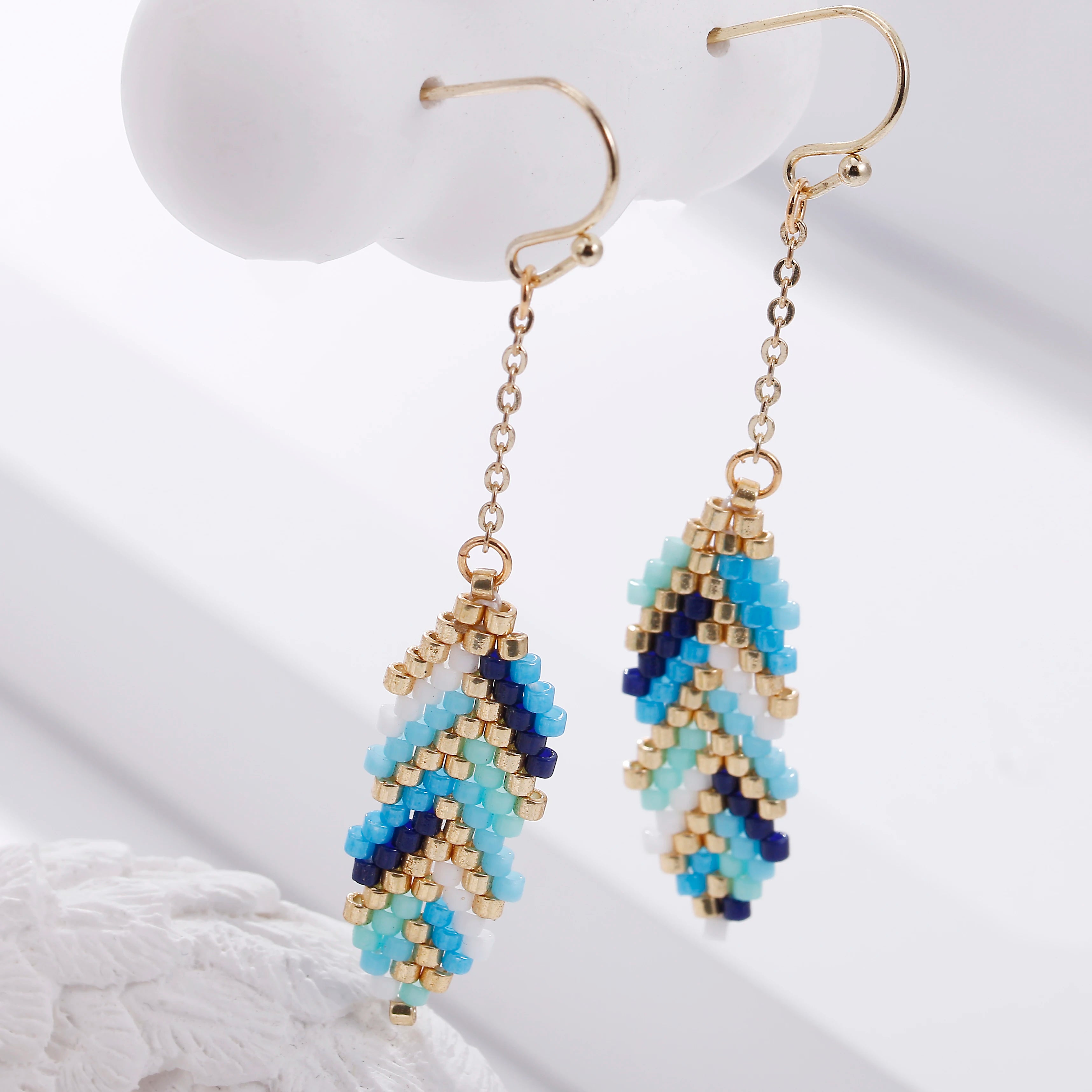 Luxury Gold Plated Half Link Chain Dangle Green Seed Beaded Boho Leaf Earrings Dome