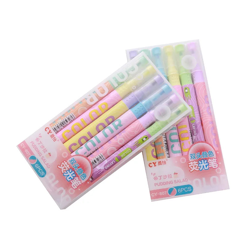 Creative Dual Head Highlighter Student Colored Marker Pen Stationery Highlighter Set 6 Colors