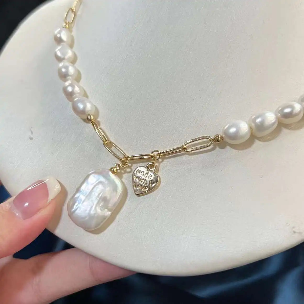 Classic Love Square Baroque Necklace 8-9mm Natural Freshwater Pearl AAAA Grade Gold Plated Cute Beautiful Girl Jewelry