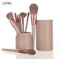 Private Label 8-Piece Brown Makeup Brush Set Bucket Soft Nylon Hair Wood Handle Foundation Blush Eyeshadow Flat Angular Brush