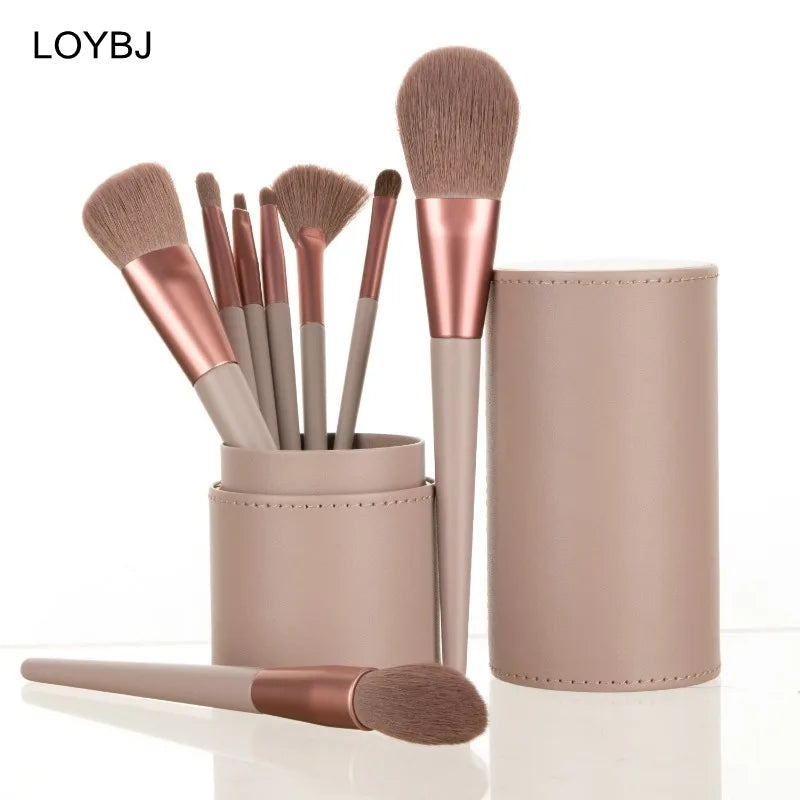 Private Label 8-Piece Brown Makeup Brush Set Bucket Soft Nylon Hair Wood Handle Foundation Blush Eyeshadow Flat Angular Brush