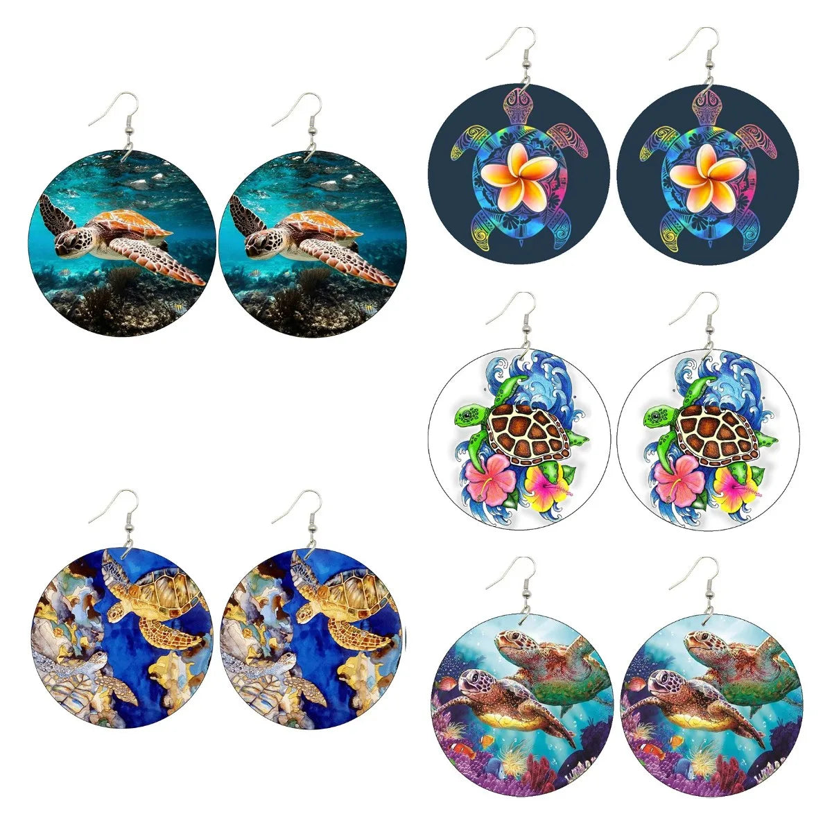Manufacturer Pacific Polynesian Pattern Hawaiian Tropical Reef Fish Coral Hawaii Sea Turtles Design Natural Wood Drop Earrings