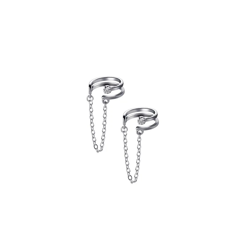 925 Sterling Silver Gold Plated CZ Clip on Earrings Fashion Non Piercing Ear Cuff With Tassel Chain Jewelry for Women