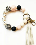 Leopard Beige Silicone Beaded Bracelet Wristlet Mama Keychain Silicone with Tassel