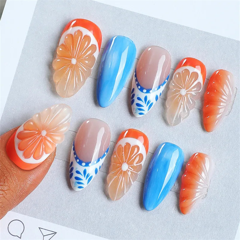 Trendy Refreshing Wind Summer Designs 3D Simulation Ombre Orange Cool Handmade French Press Nails 10pcs/set ABS Material Fingers