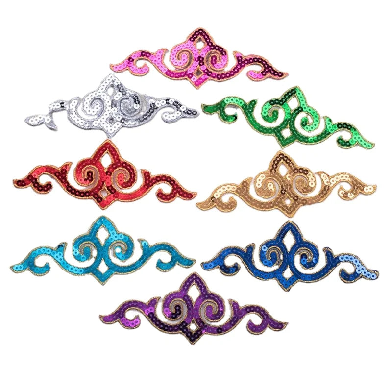 Wholesale Cheap Iron-on Hollow Sequined Applique Sticker Costume Gold Silver Red Green Blue Geometric Embroidery Clothes Patch