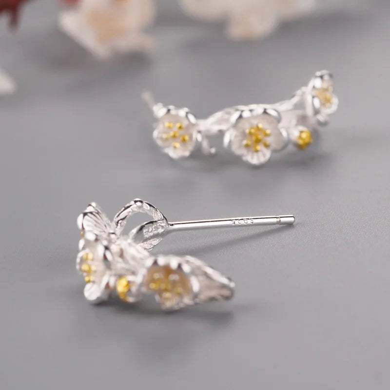 Silver Flower Branches Stud Earrings for Women and Girls Cute Fashionable Design for Engagement Wedding Anniversary or Gift