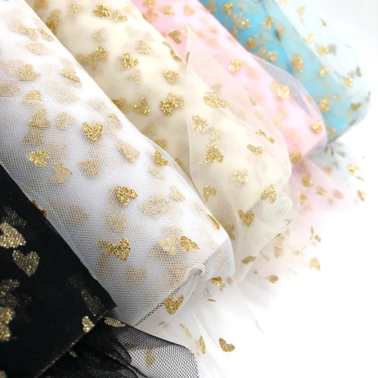 100% Polyester Glitter Tulle Fabric Gold love Tulle High Fastness Glitter Can Be Used for American Valentine's Day Fabric