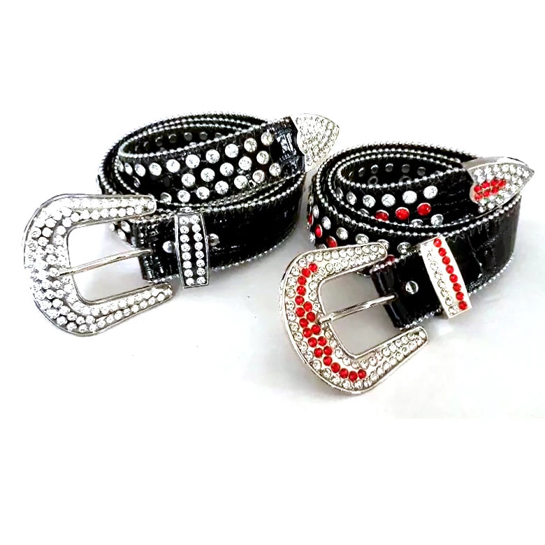 Vintage Punk Woman's Leather Belt Full Rhinestone Waistband with Alloy Buckle Cow Hide Material Inspired by Simon BB