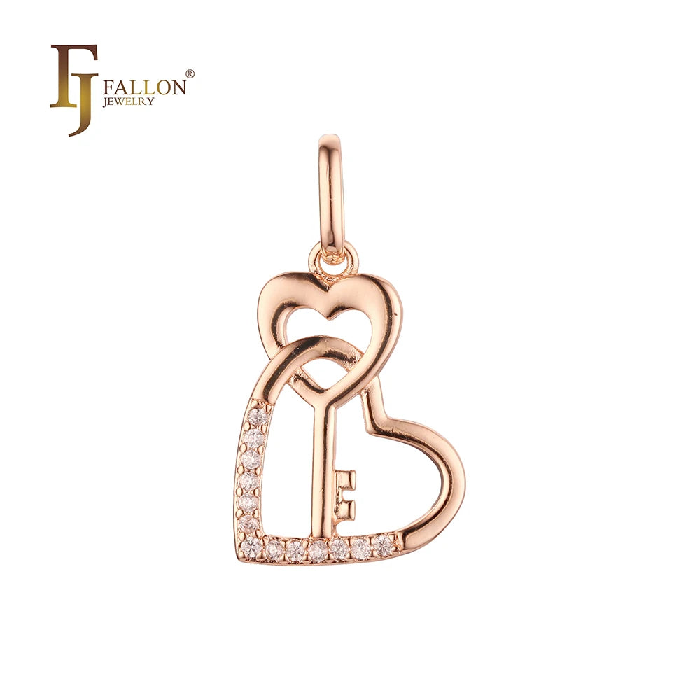 FJ Fallon Fashion Jewelry Heart and Key Pendant Plated in Rose Gold Brass Based
