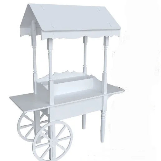 White Display Candy Cart with Custom Logo - Outdoor Dessert & Flower Rolling Cart with Wheels Perfect for Wedding and Party